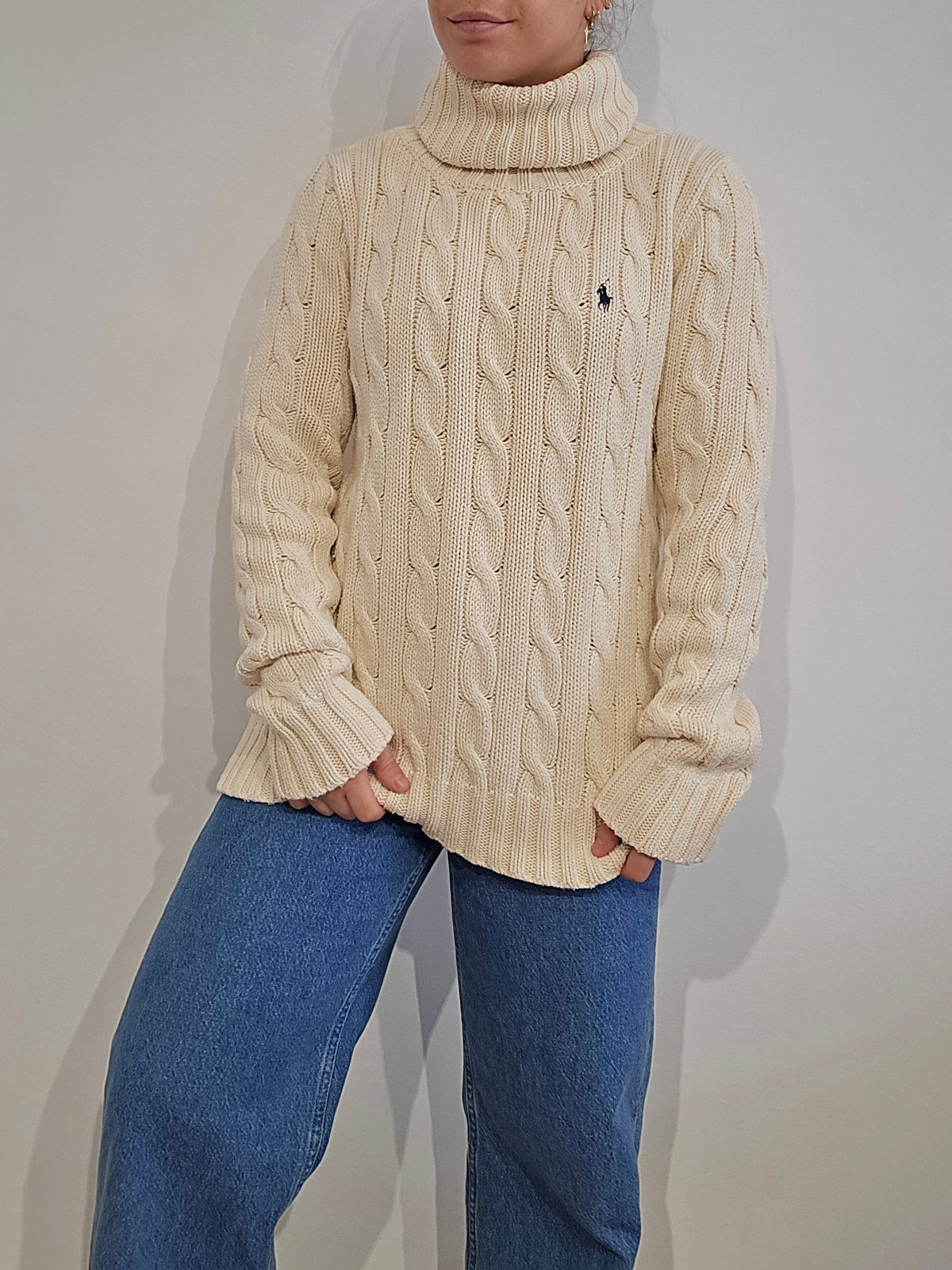 Pull col roulé en maille torsadée crème - XL