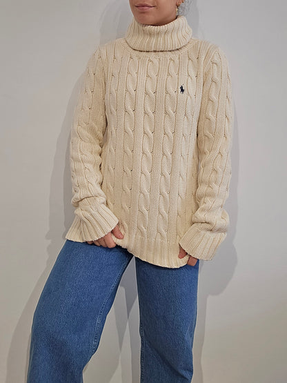 Pull col roulé en maille torsadée crème - XL