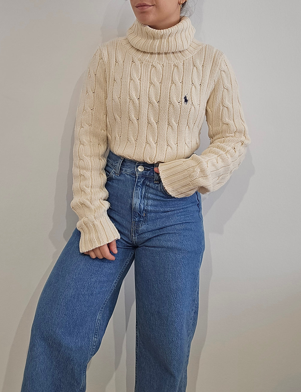 Pull col roulé en maille torsadée crème - XL