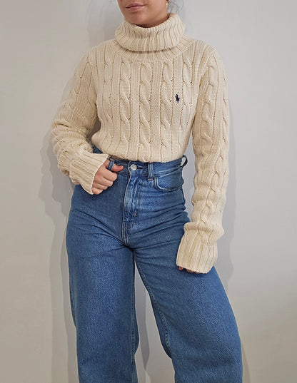 Pull col roulé en maille torsadée crème - XL
