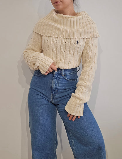 Pull col roulé en maille torsadée crème - XL