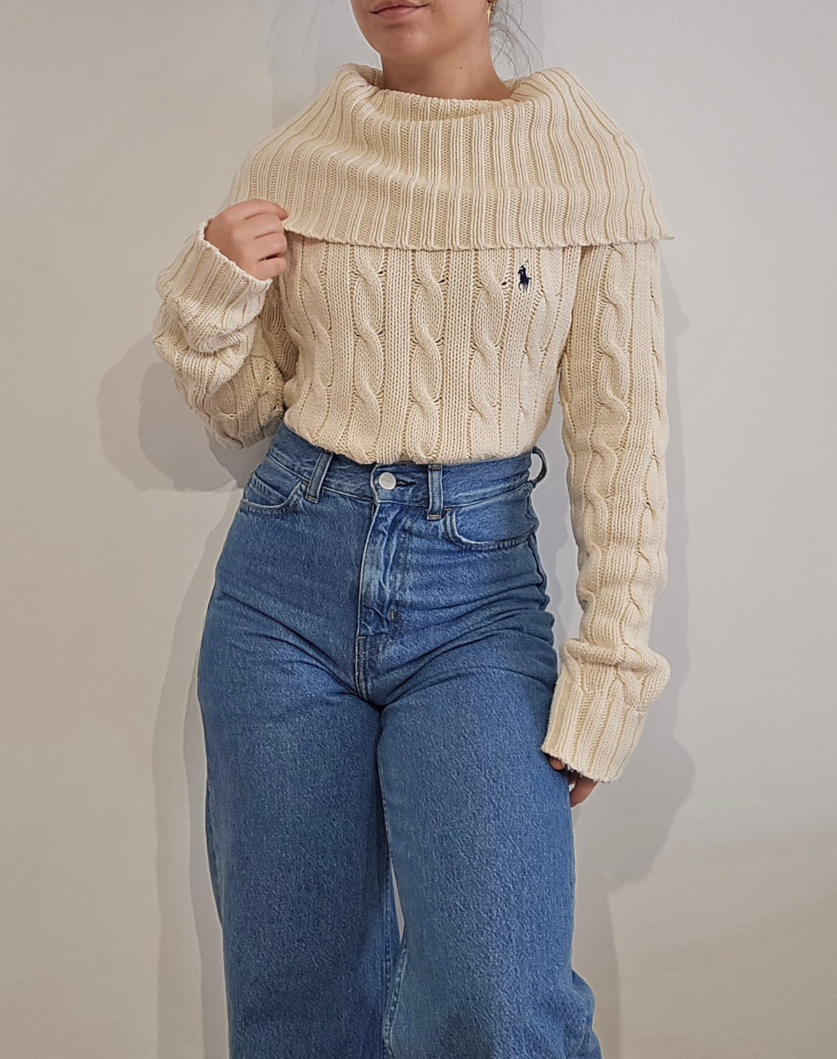 Pull col roulé en maille torsadée crème - XL