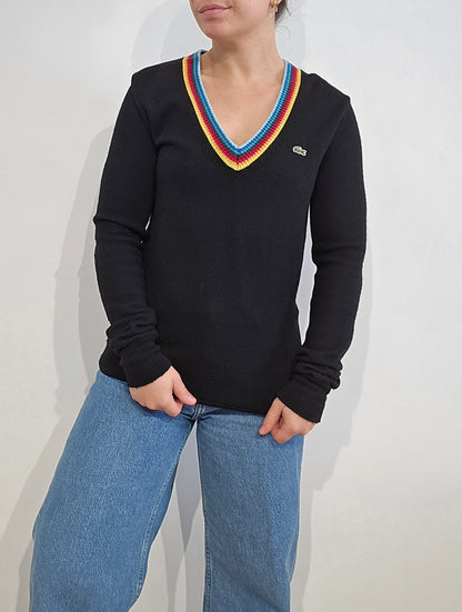 Pull col V en laine noir liseré multicolore - XS/S