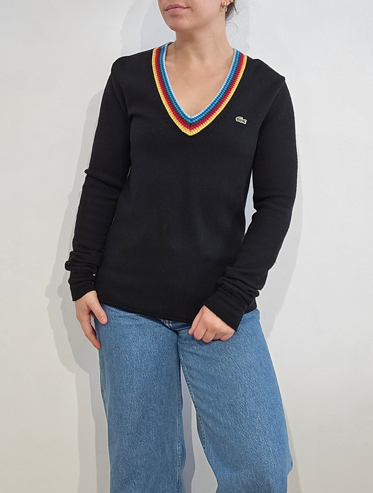 Pull col V en laine noir liseré multicolore - XS/S