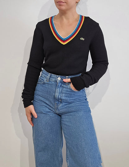 Pull col V en laine noir liseré multicolore - XS/S