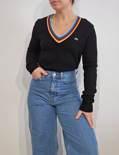 Pull col V en laine noir liseré multicolore - XS/S