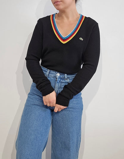 Pull col V en laine noir liseré multicolore - XS/S