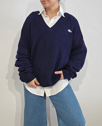Pull col V en maille bleu marine des années 80' - XL