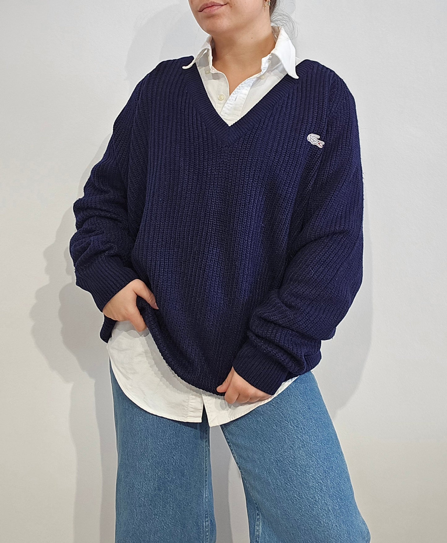 Pull col V en maille bleu marine des années 80' - XL