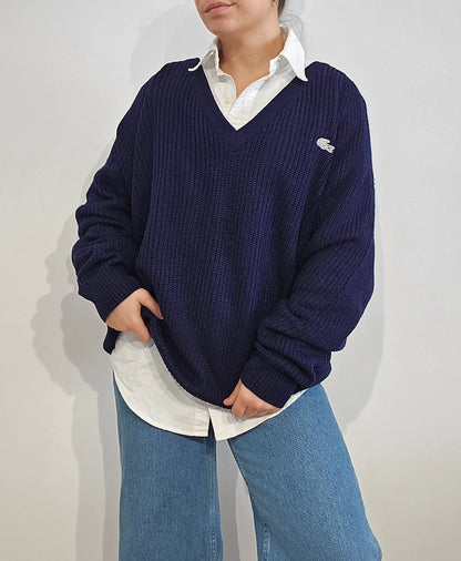 Pull col V en maille bleu marine des années 80' - XL