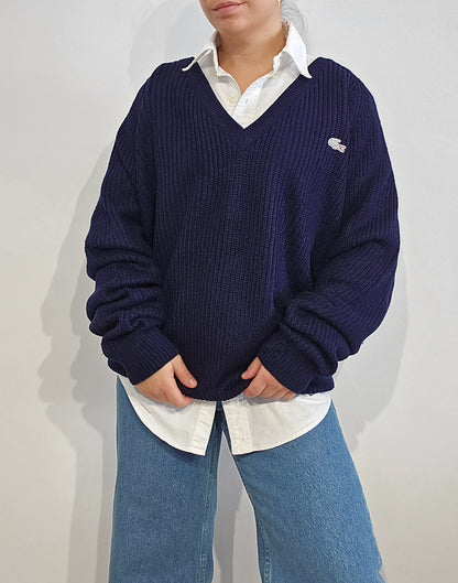 Pull col V en maille bleu marine des années 80' - XL