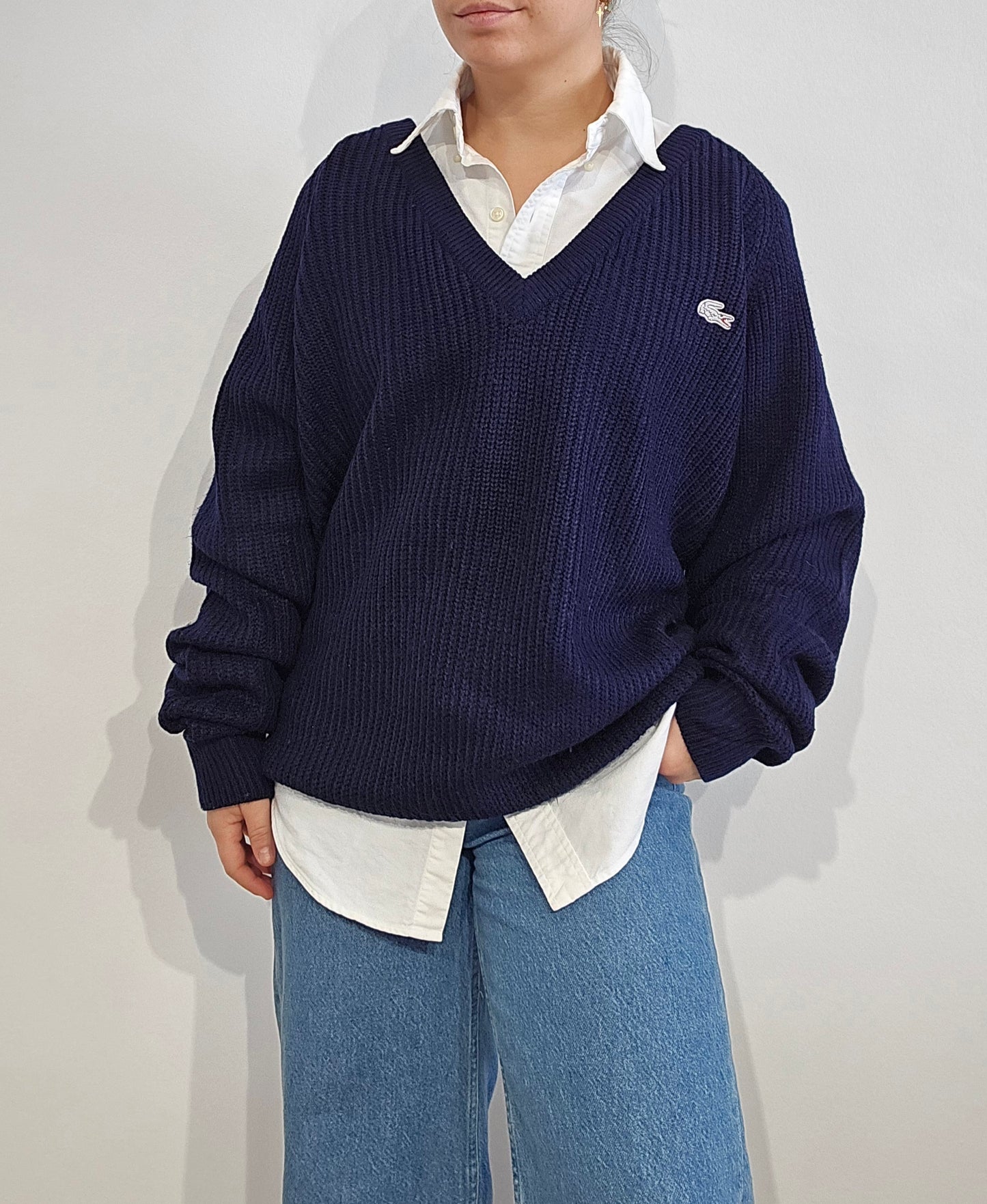 Pull col V en maille bleu marine des années 80' - XL