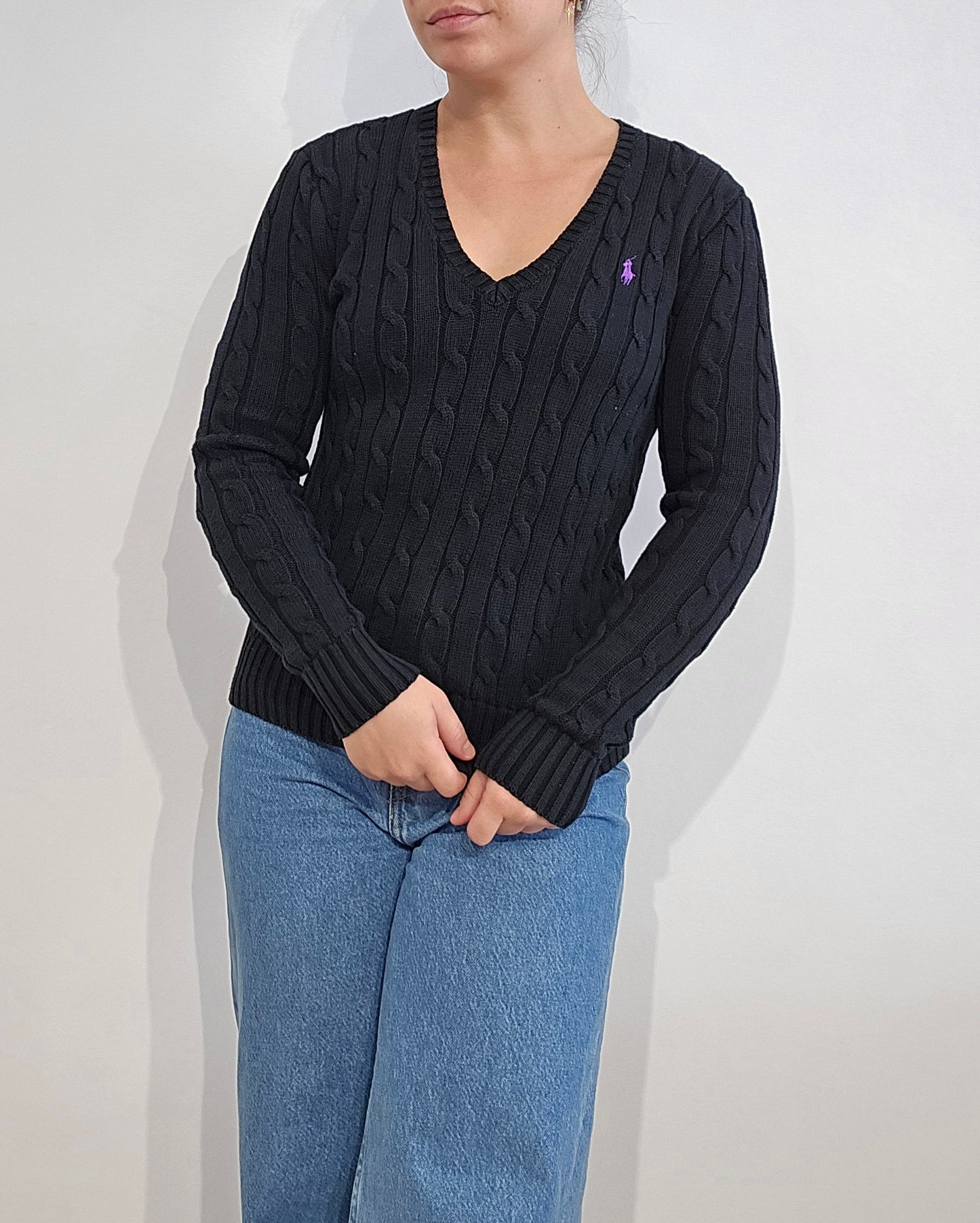 Pull col V en maille torsadée noir - XS