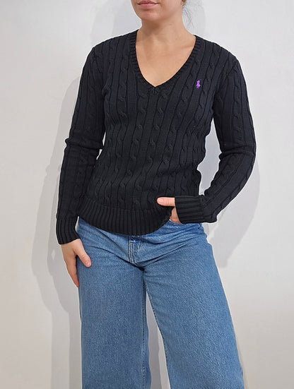 Pull col V en maille torsadée noir - XS