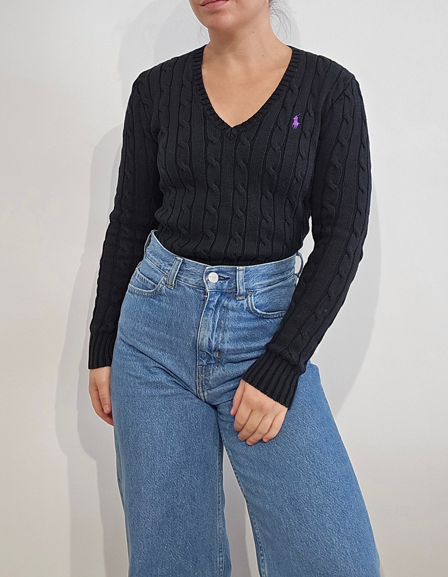 Pull col V en maille torsadée noir - XS