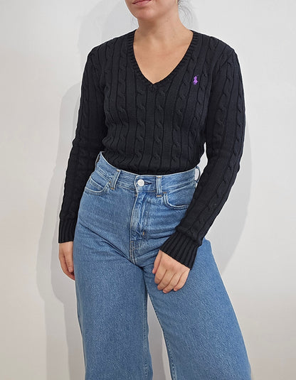 Pull col V en maille torsadée noir - XS