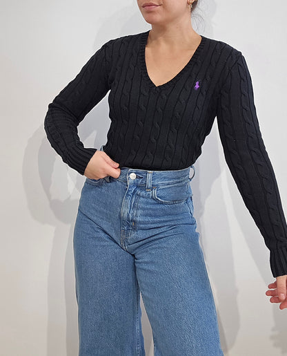 Pull col V en maille torsadée noir - XS