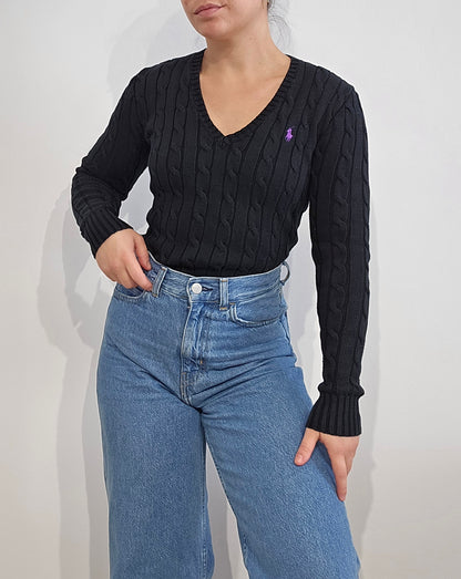 Pull col V en maille torsadée noir - XS