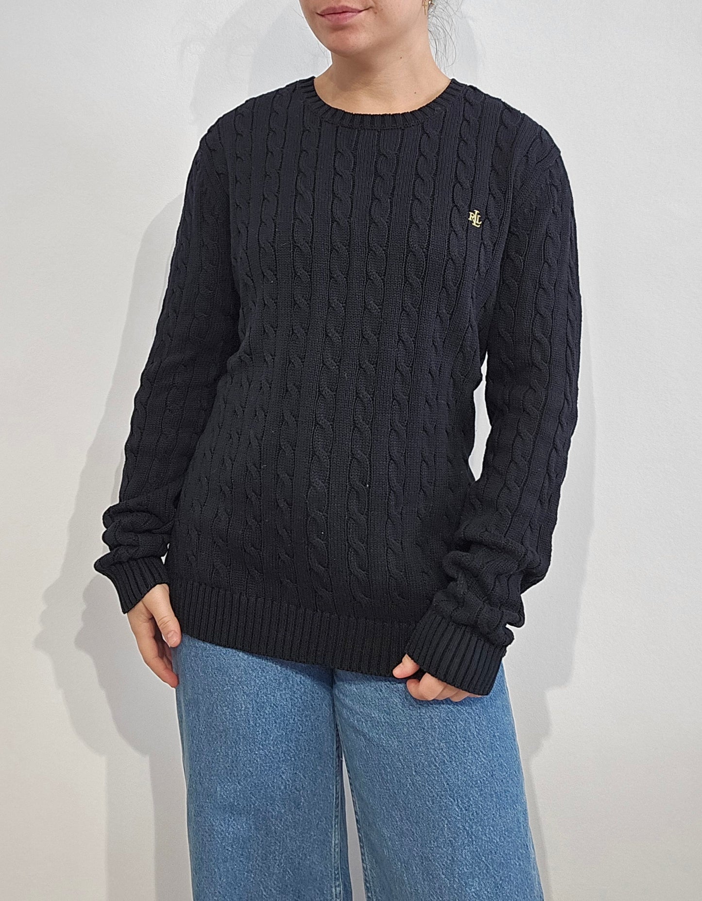 Pull col rond en maille torsadée noir - M