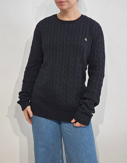 Pull col rond en maille torsadée noir - M
