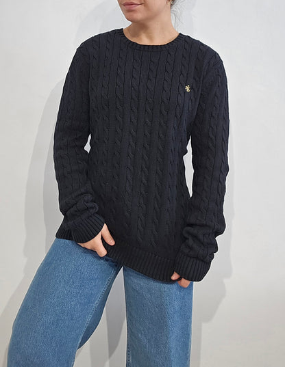 Pull col rond en maille torsadée noir - M