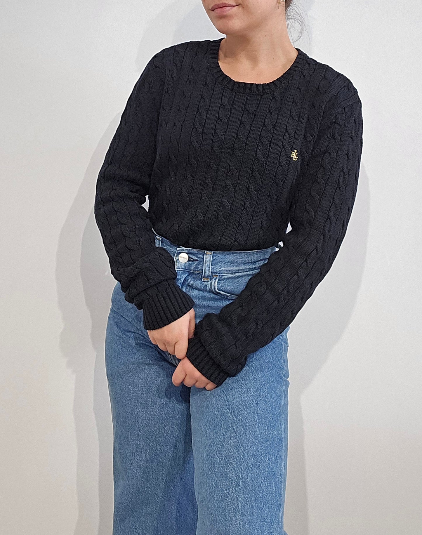 Pull col rond en maille torsadée noir - M