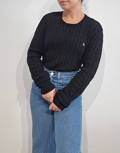 Pull col rond en maille torsadée noir - M
