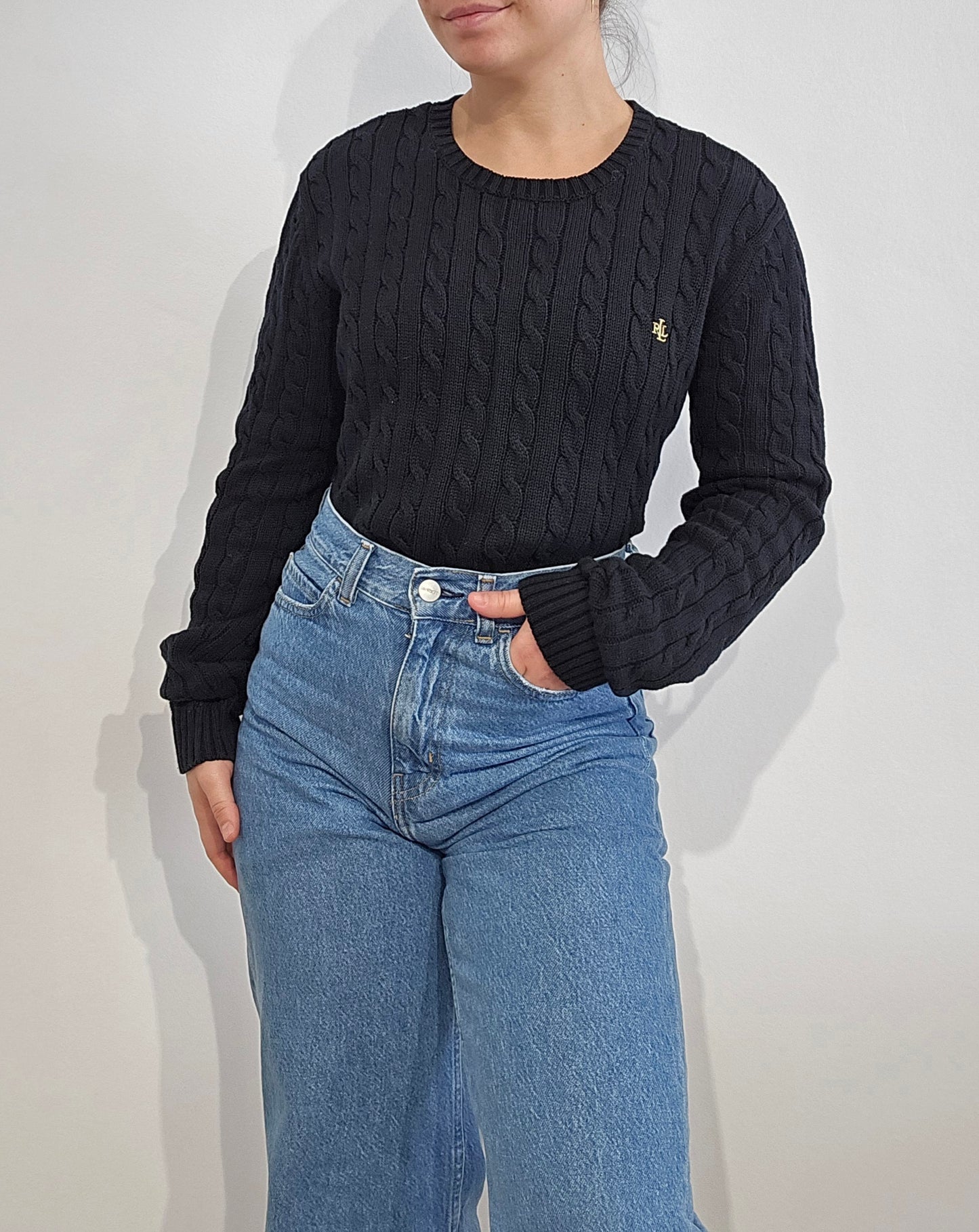 Pull col rond en maille torsadée noir - M