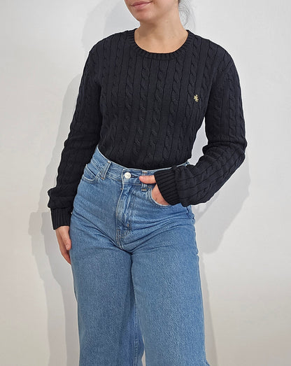 Pull col rond en maille torsadée noir - M