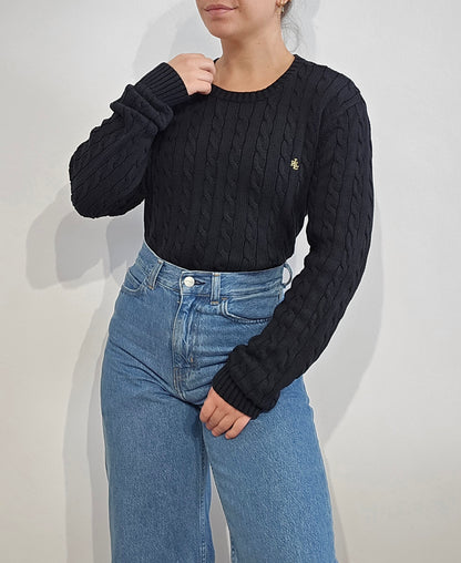 Pull col rond en maille torsadée noir - M