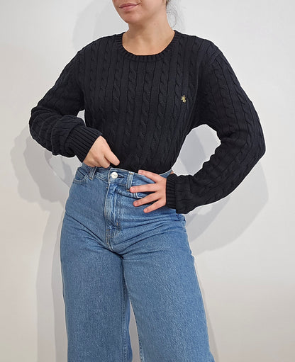 Pull col rond en maille torsadée noir - M