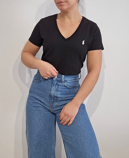 Tee-shirt col V en coton noir - S/M