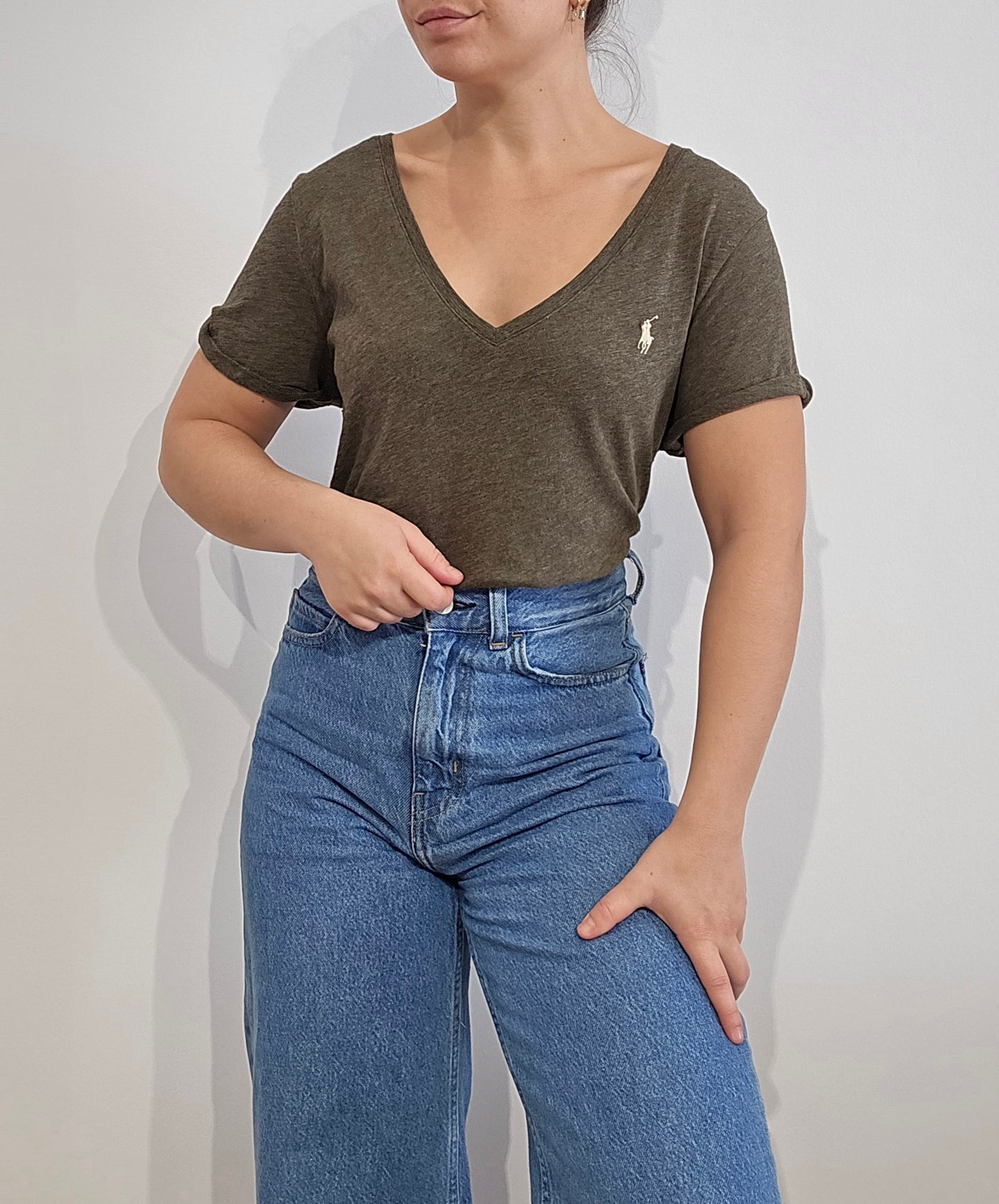 Tee-shirt col V en coton gris - M/L