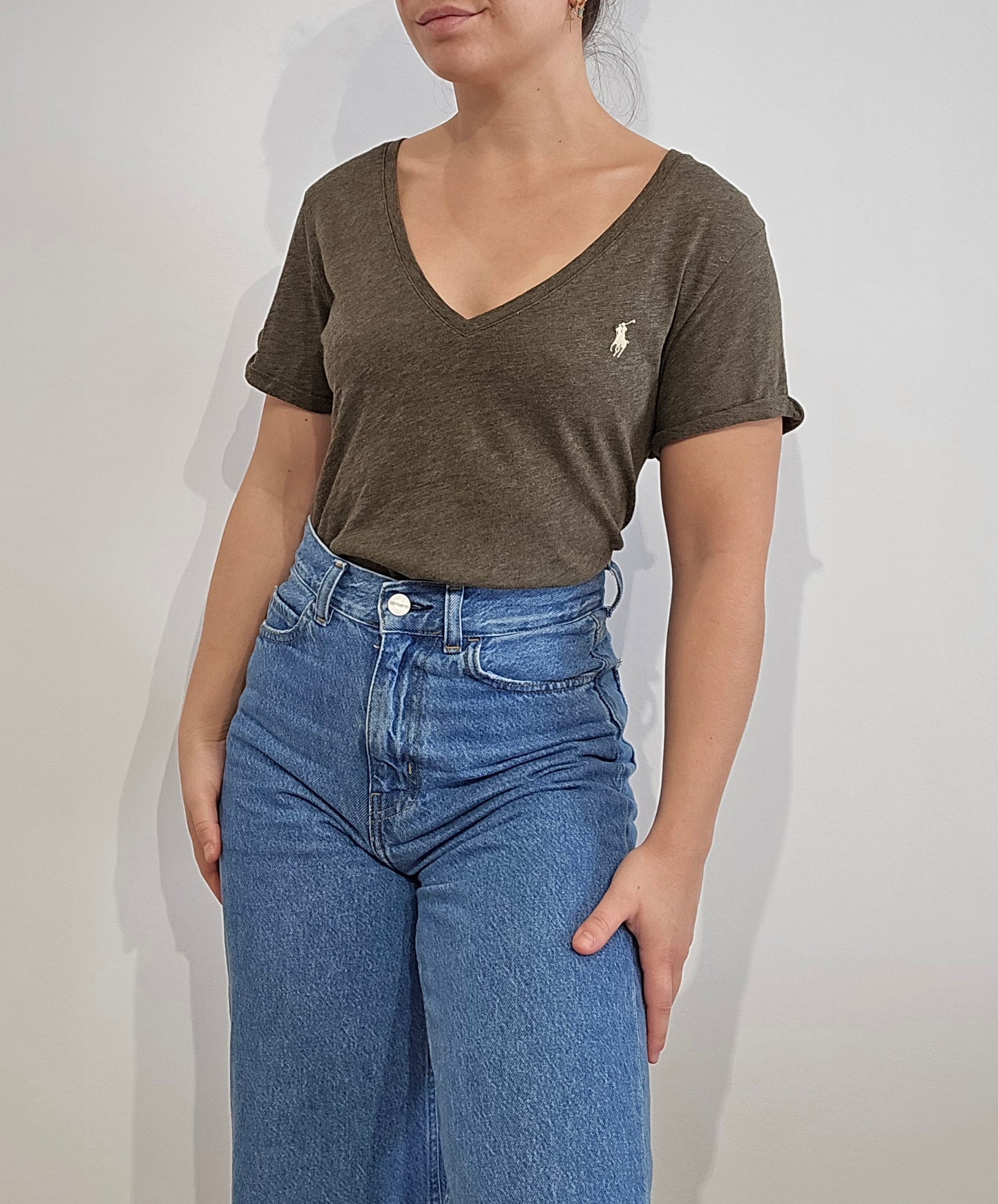 Tee-shirt col V en coton gris - M/L