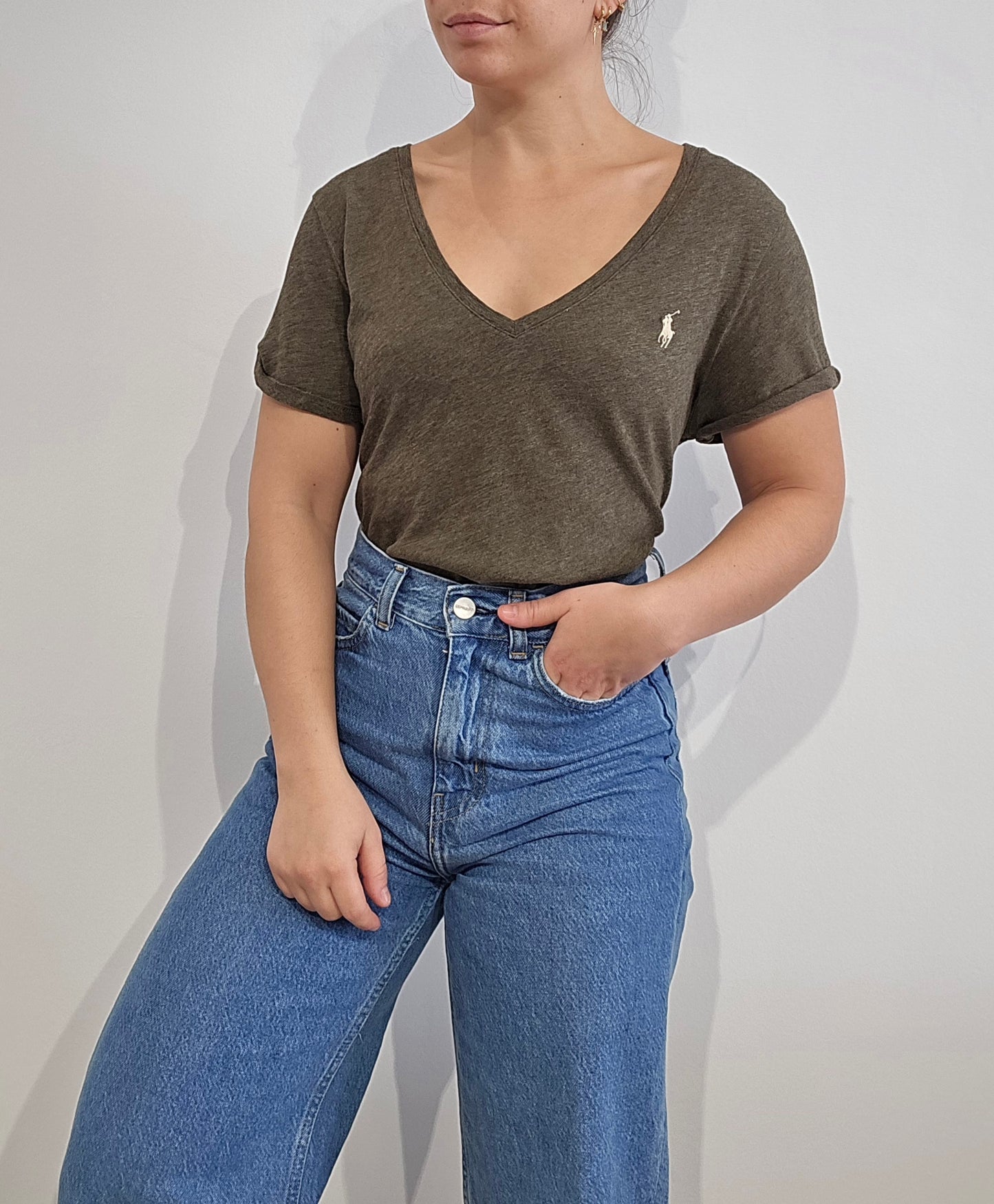 Tee-shirt col V en coton gris - M/L