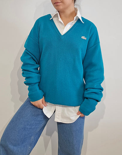 Pull Fabriqué en Espagne col V turquoise des années 80' - XL