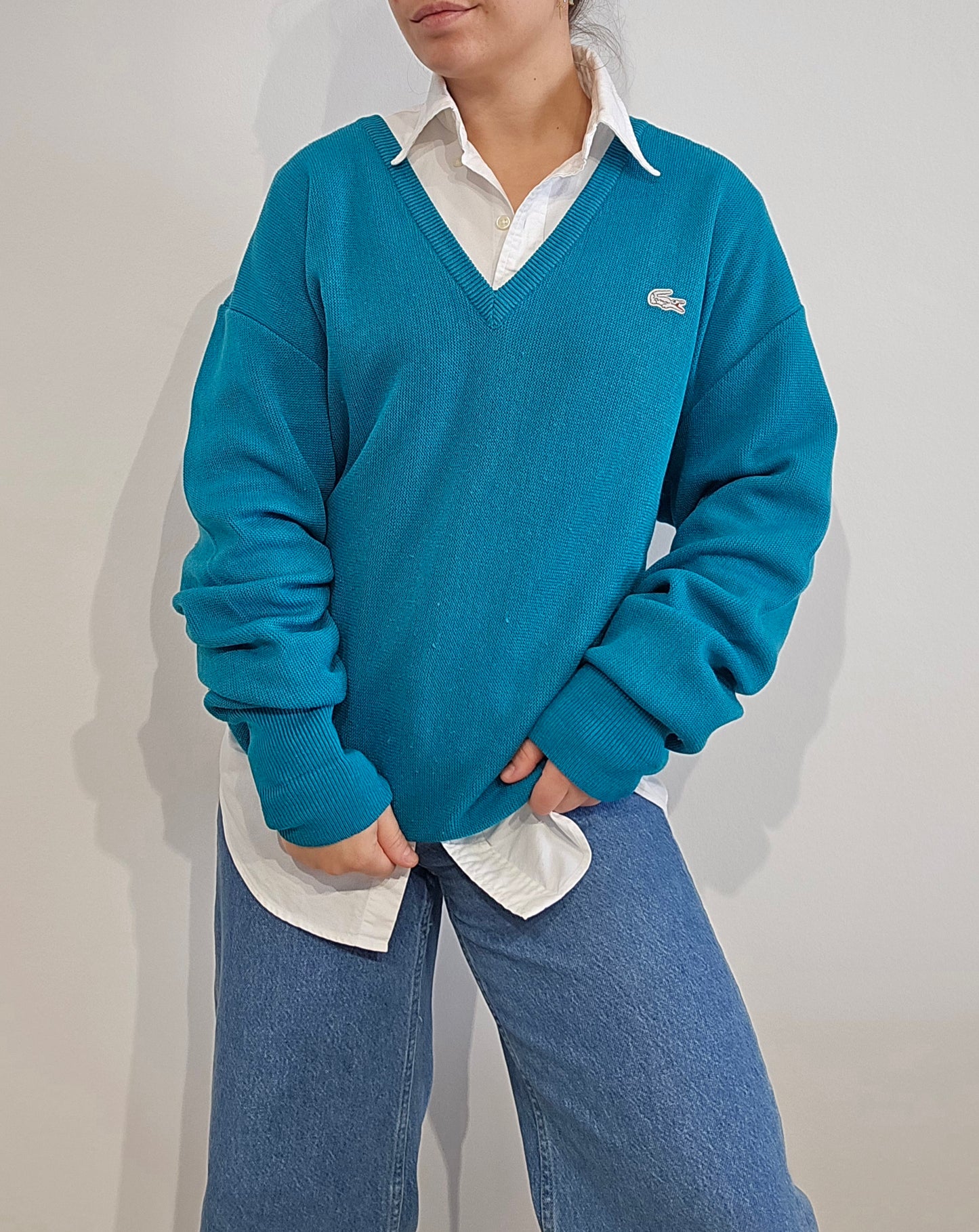 Pull Fabriqué en Espagne col V turquoise des années 80' - XL
