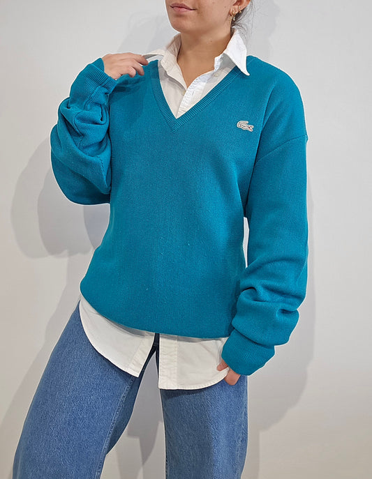 Pull Fabriqué en Espagne col V turquoise des années 80' - XL
