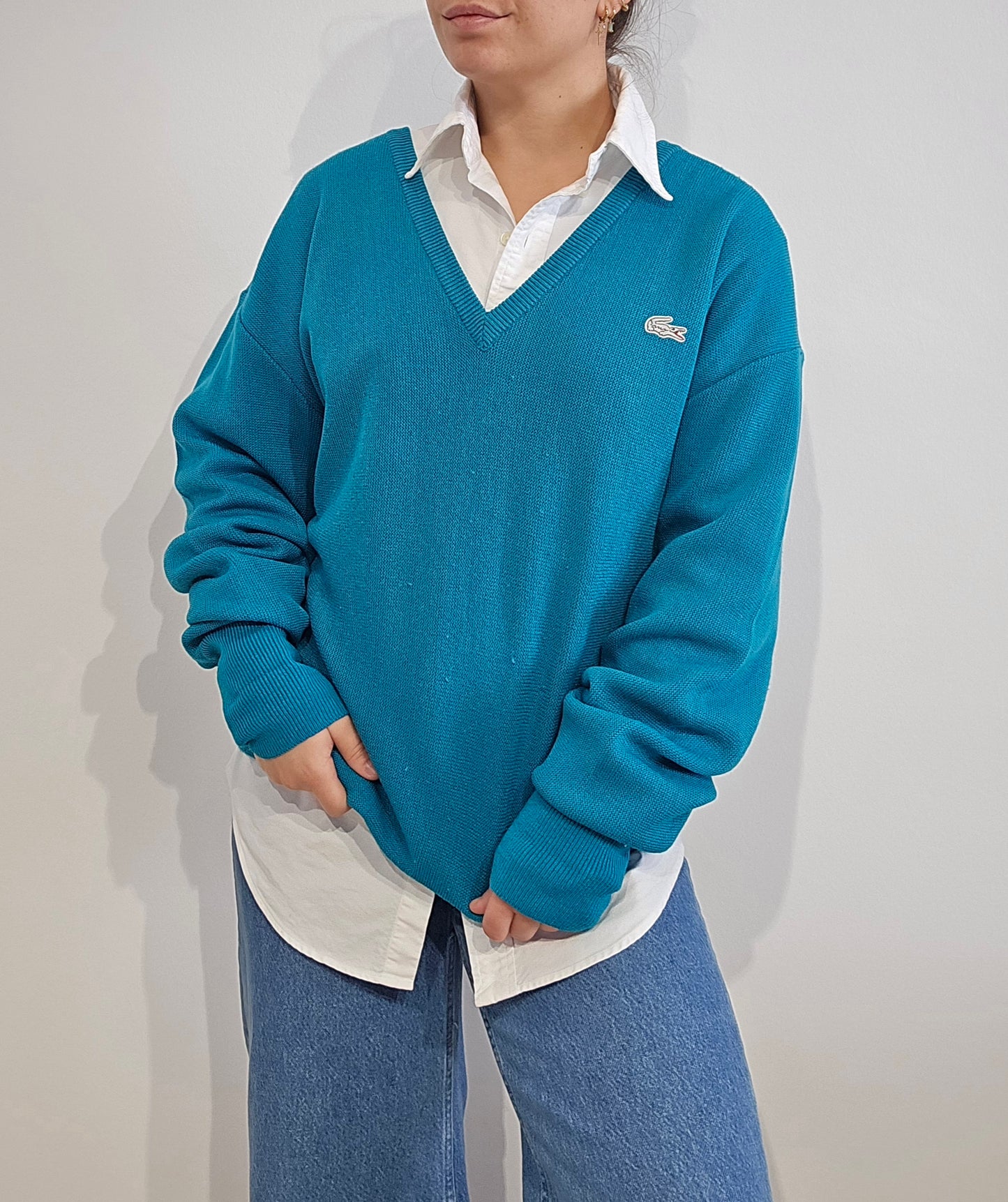 Pull Fabriqué en Espagne col V turquoise des années 80' - XL