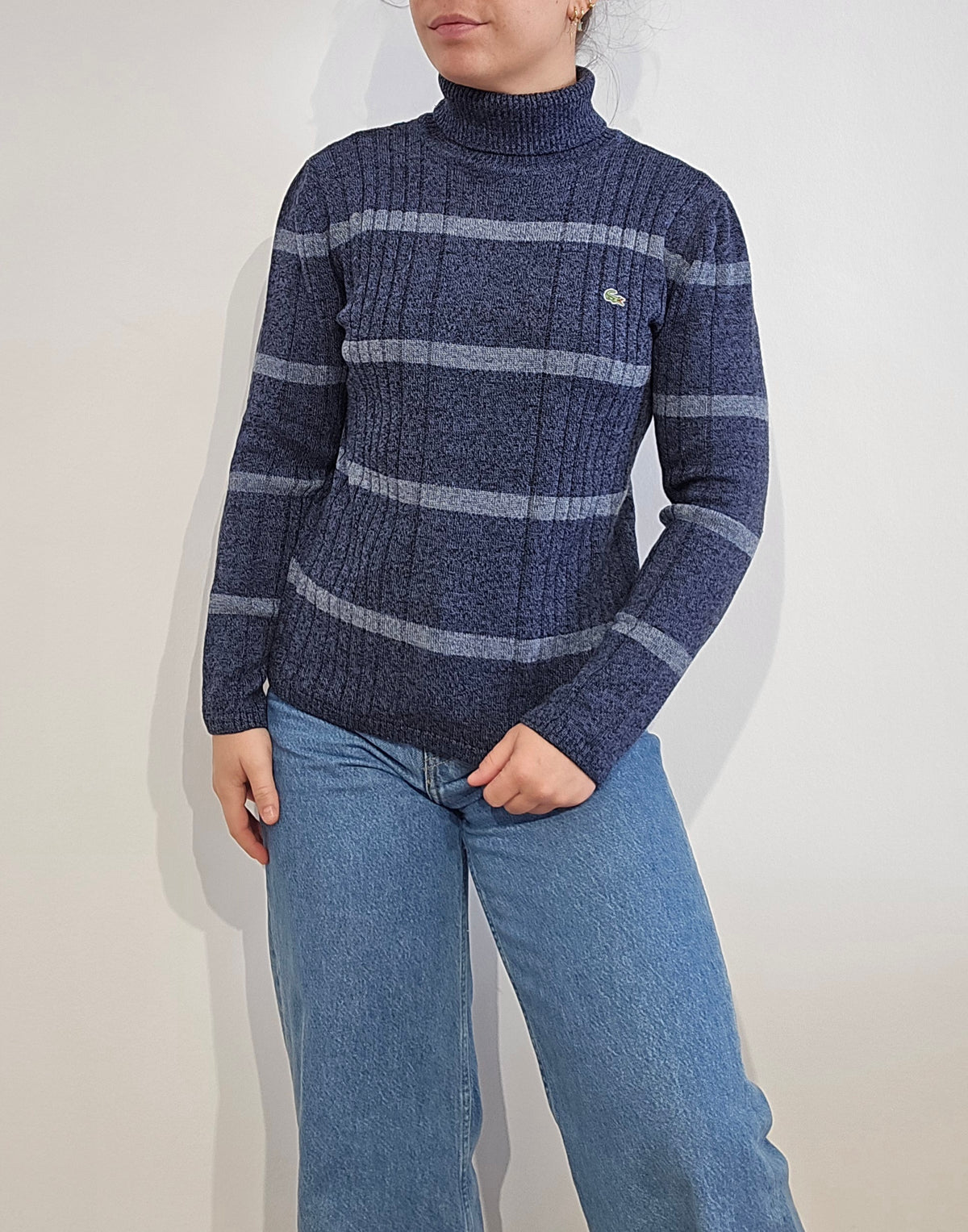 Pull col roulé en laine bleu des années 80' - XS