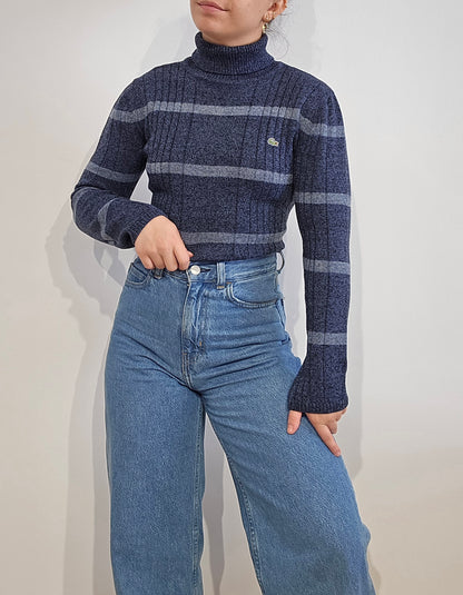 Pull col roulé en laine bleu des années 80' - XS