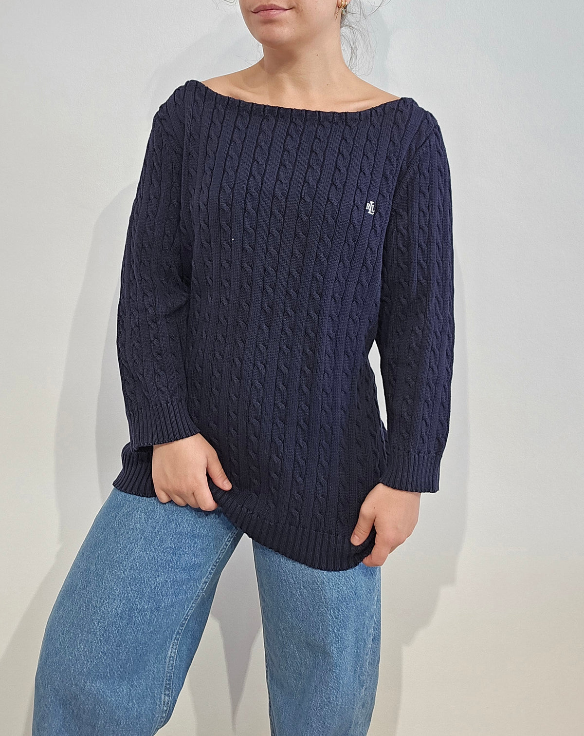 Pull en maille torsadée marine col bateau - L