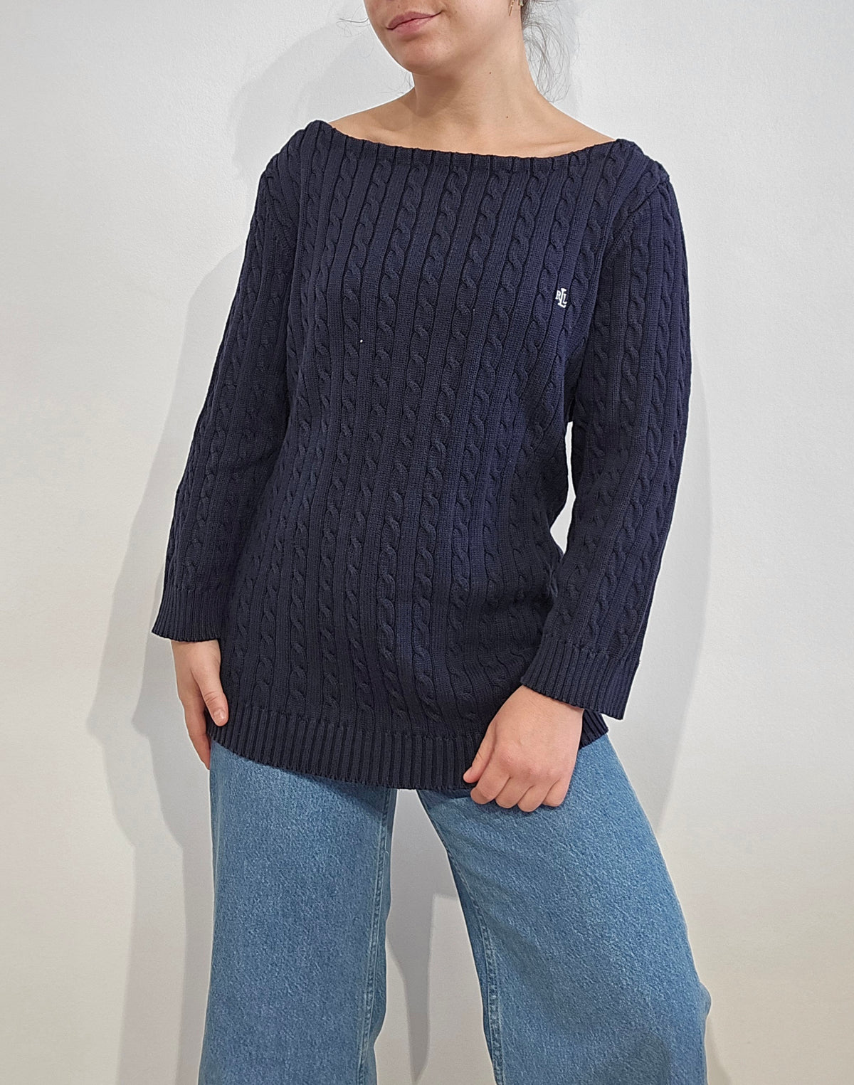 Pull en maille torsadée marine col bateau - L