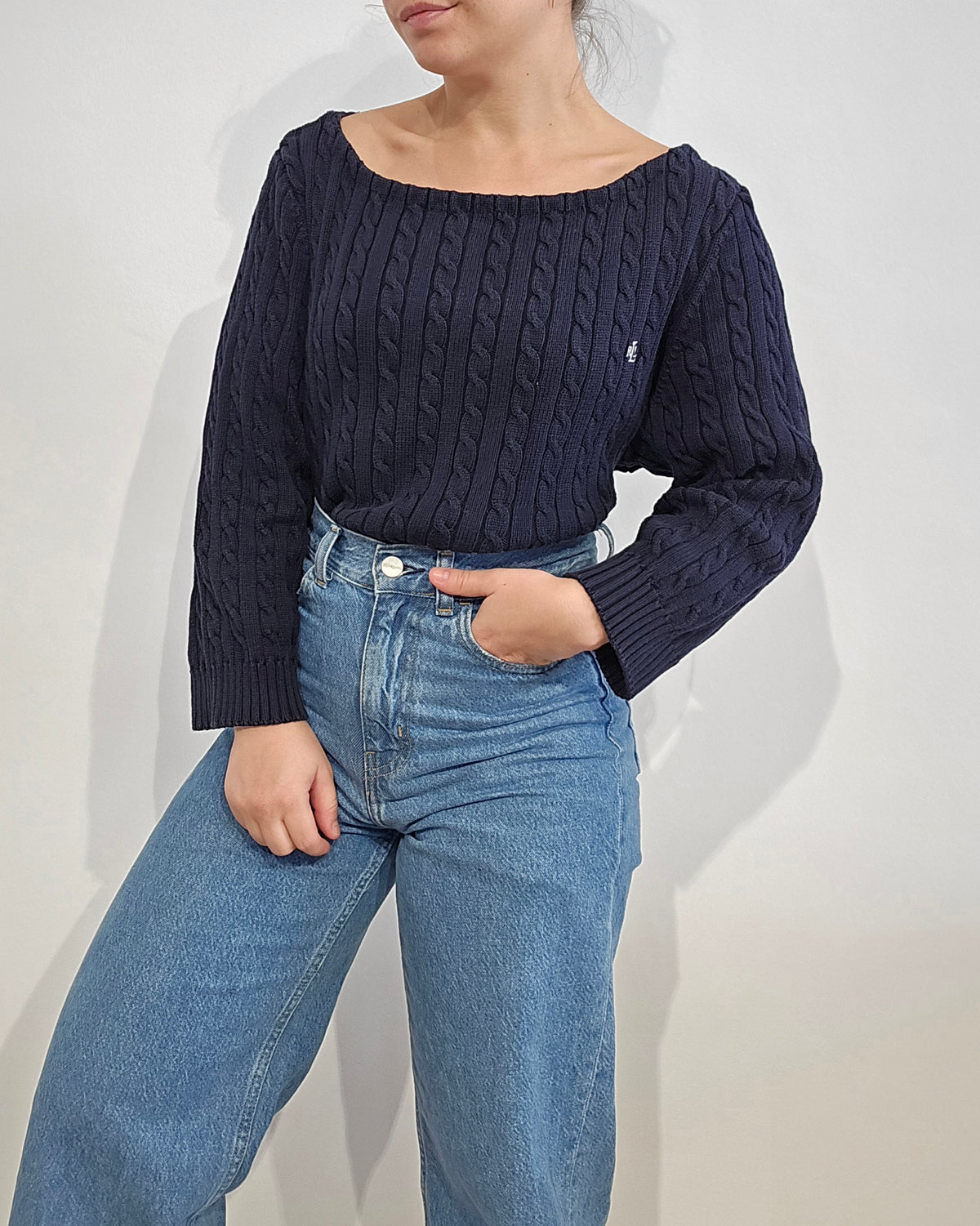 Pull en maille torsadée marine col bateau - L