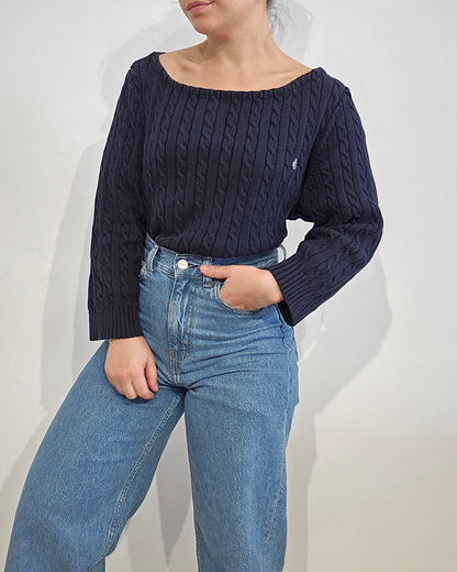 Pull en maille torsadée marine col bateau - L