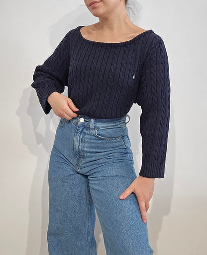 Pull en maille torsadée marine col bateau - L