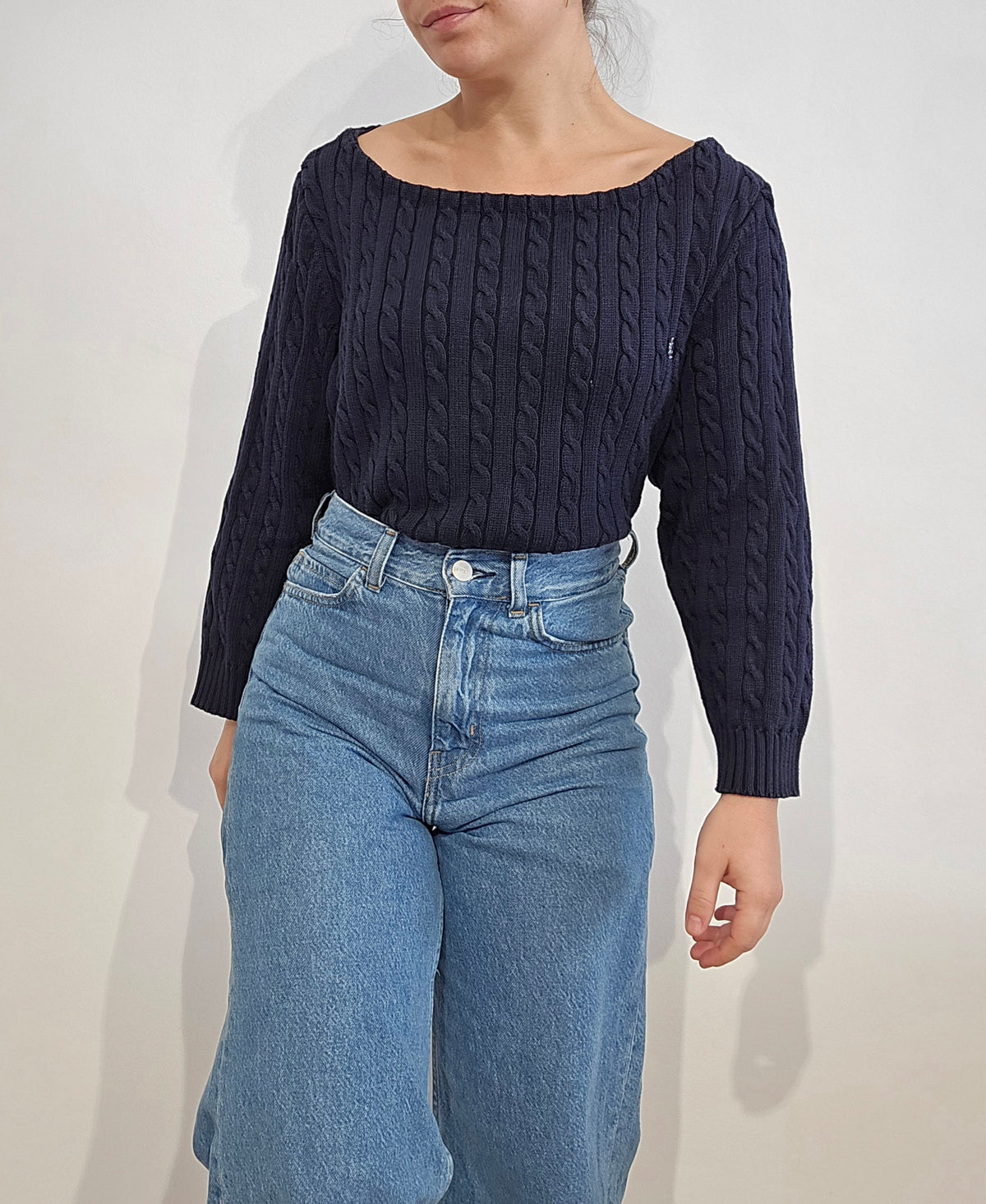 Pull en maille torsadée marine col bateau - L