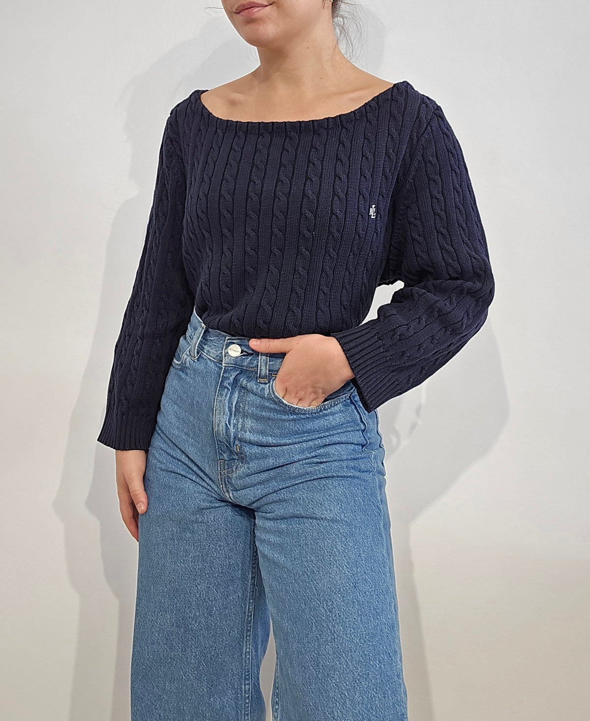 Pull en maille torsadée marine col bateau - L