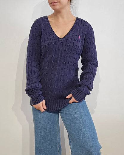 Pull en maille torsadée marine col bateau - L