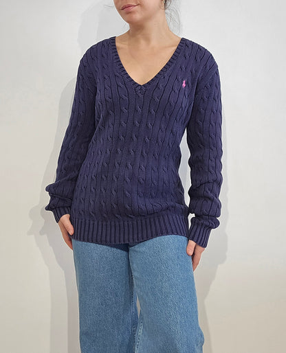 Pull en maille torsadée marine col bateau - L